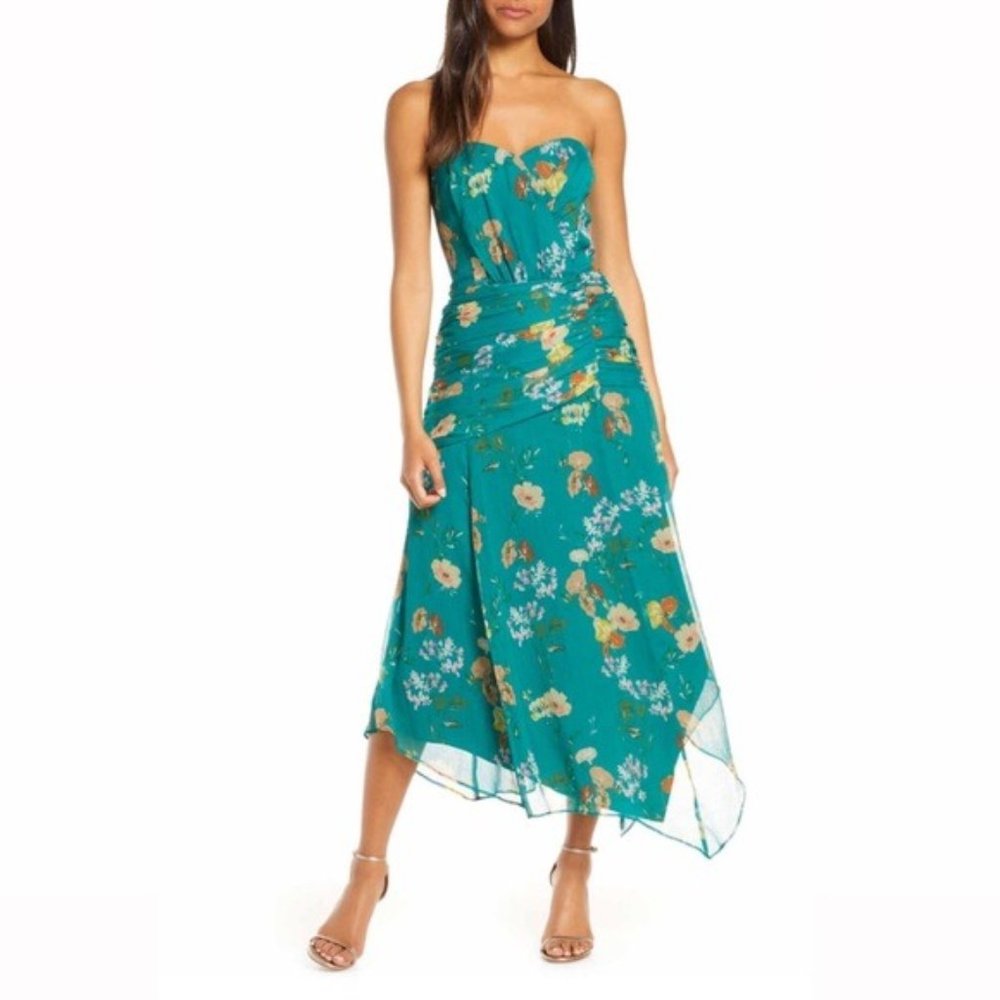 Harlyn Strapless Sweetheart Neck Dress w/Drapery Asymmetric Hem, Size 10(L)